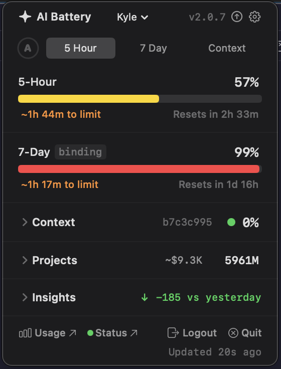 AI Battery dashboard showing Claude Code 5-hour and 7-day rate limits with reset countdowns