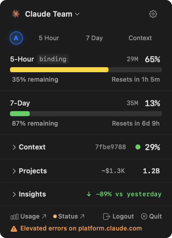 AI Battery dashboard showing Claude Code 5-hour and 7-day rate limits with reset countdowns