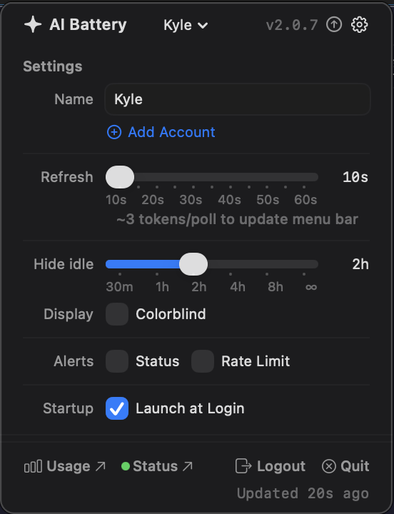AI Battery settings for configuring Claude Code monitoring and alerts